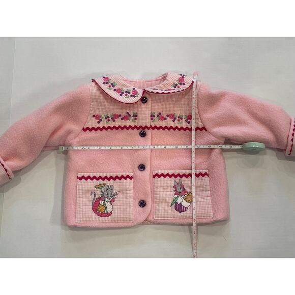 Girl's Handmade Pink Fleece Coat, Mouse, Bunny, Pockets, Ribbon Detail, 4-5T - Picture 9 of 11